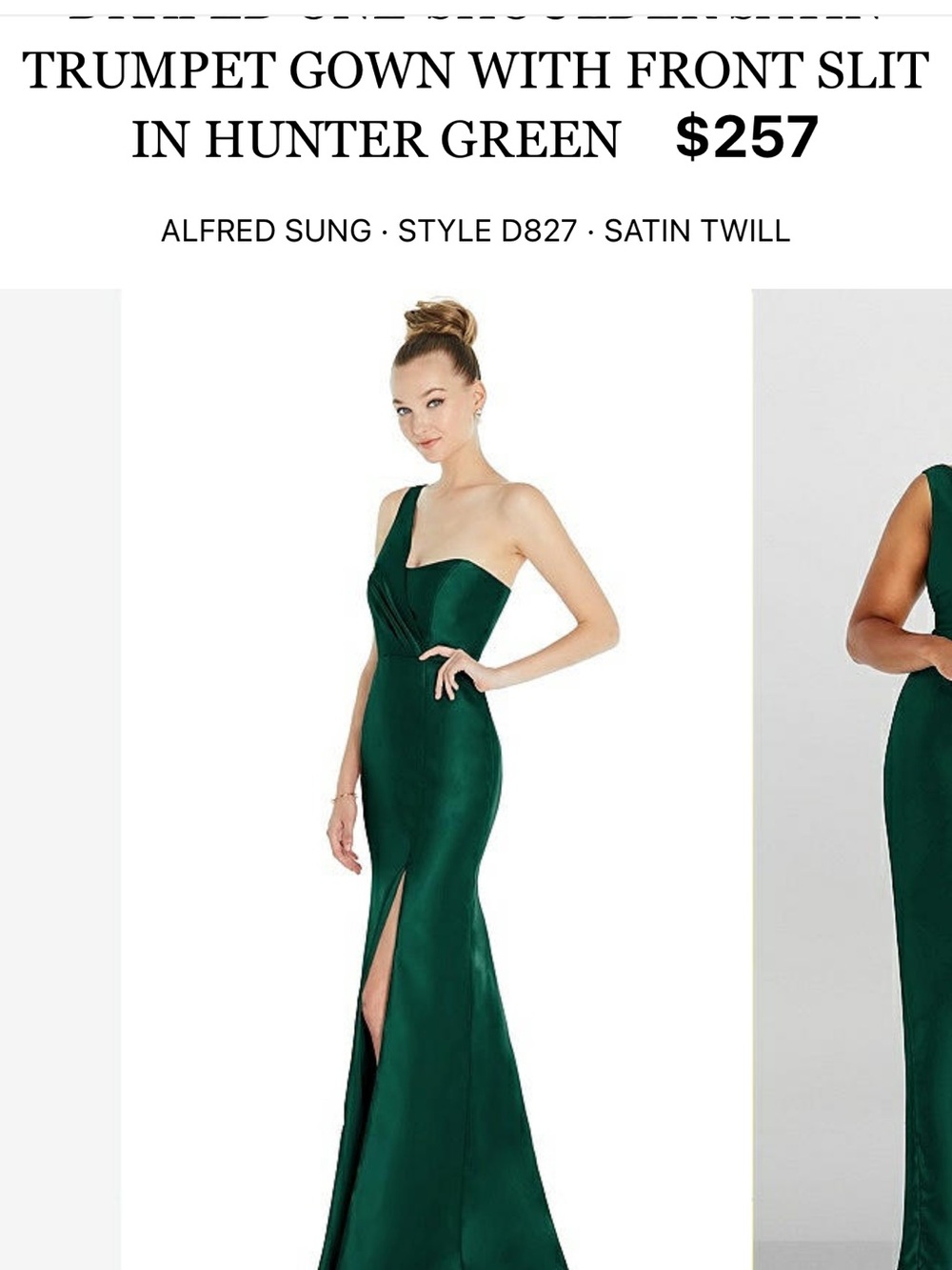 ALFRED SUNG Hunter Green One-Shoulder Trumpet Gown with Front Slit